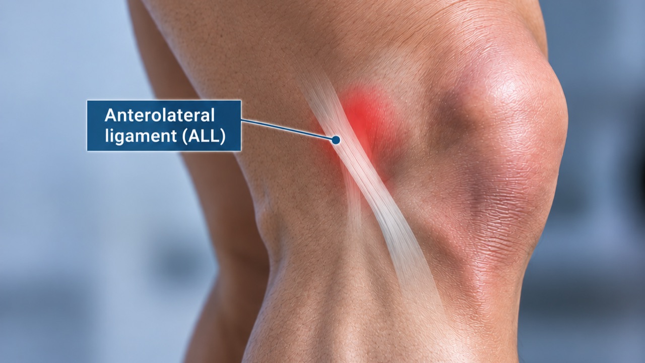膝關節外側特寫，疊上半透明的前外側韌帶（Anterolateral ligament, ALL）示意與標籤，紅色標示韌帶位置。