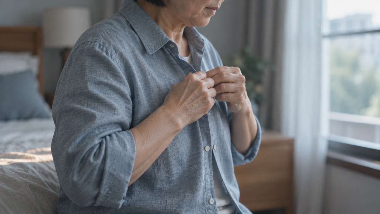 臥室窗邊，一位年長女性低頭扣襯衫的鈕扣，雙手抬到胸前、手肘彎曲，背景柔焦模糊。